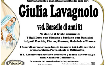 Giulia Lavagnolo Ne danno il triste annuncio: i figli Luca con Simona e Stefano con Daniela; i nipoti Davide, Pietro, Simone, Gabriele e Bianca.